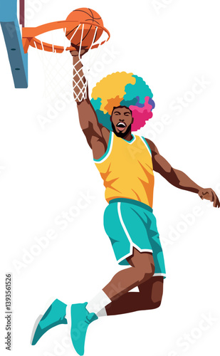 Dynamic basketball player in colorful wig performing slam dunk in flat vector illustration