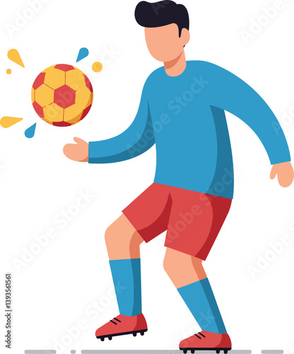 A young male soccer player skillfully juggling a ball in flat vector art