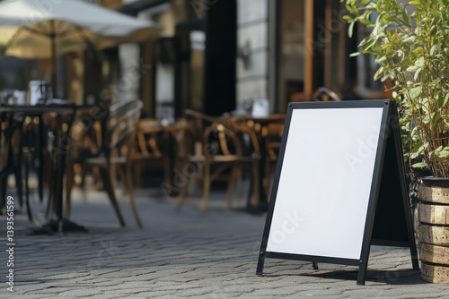 Blank Sidewalk Sign in Front of Outdoor Restaurant Patio Scene