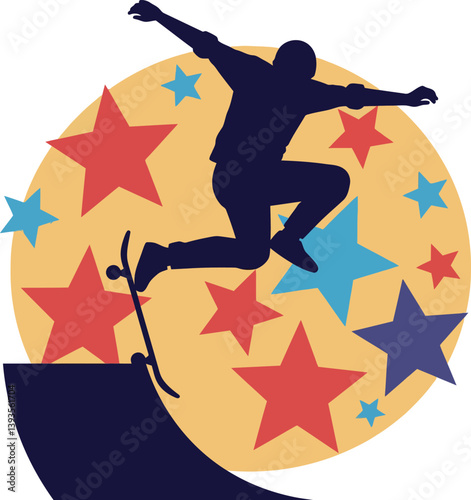 Skateboarder performing an impressive trick in a vibrant flat vector art scene with colorful stars
