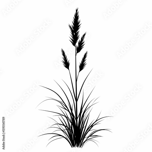 Elegant Silhouette of Black Ornamental Grass - Minimalist Nature Vector Art Design for Botanical Landscapes