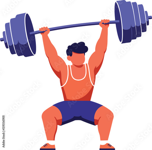 Strong athlete lifting heavy barbell in vibrant colors, flat design style, dynamic vector art