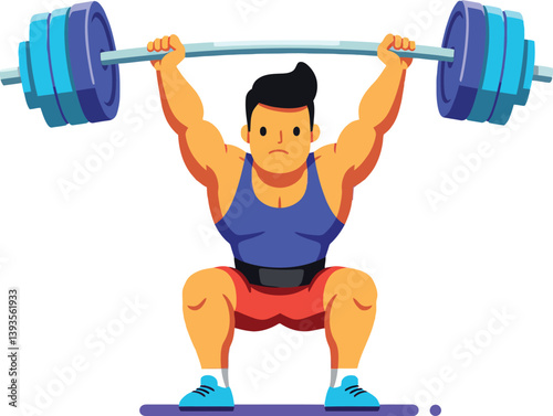 Strong man lifting heavy barbell in colorful flat style vector art