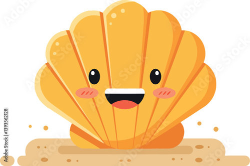 Happy yellow shell character smiling on sandy beach in flat vector art