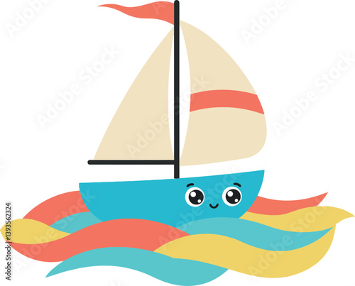 Cute sailboat floating on colorful waves in a playful, minimal vector illustration