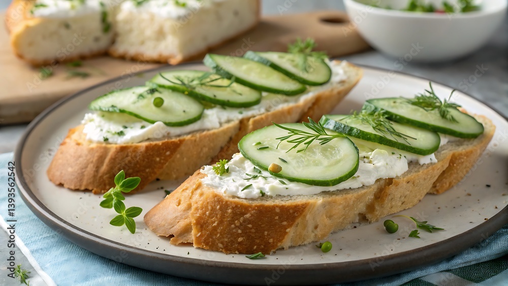 Close up of cucumber and cream cheese sandwiches on a plate with bread in the background Close up of cucumber and cream cheese sandwiches on a plate with bread in the background