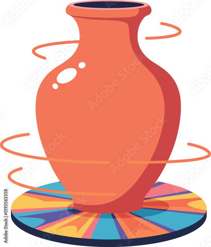 Ceramic vase spinning on a colorful potters wheel in flat vector art