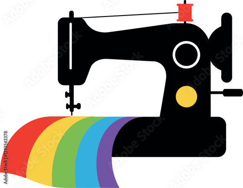 Vintage sewing machine with colorful rainbow fabric flowing, flat vector illustration