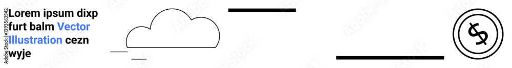 Cloud shape, text elements, horizontal lines, and circular currency icon. Ideal for financial concepts, data storage, technology, cloud services, digital economy minimalistic branding abstract line Cloud shape, text elements, horizontal lines, and circular currency icon. Ideal for financial concepts, data storage, technology, cloud services, digital economy minimalistic branding abstract line
