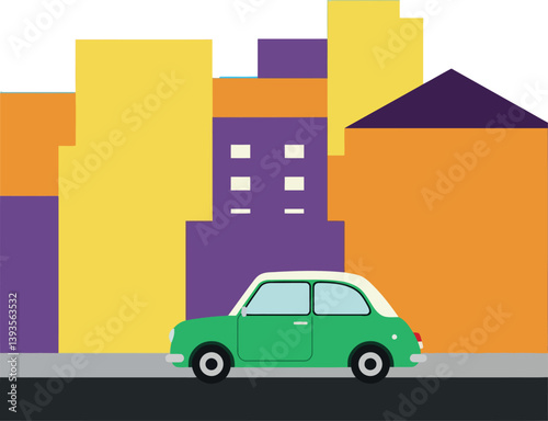 Colorful cityscape with a green car driving past flat geometric buildings vector art