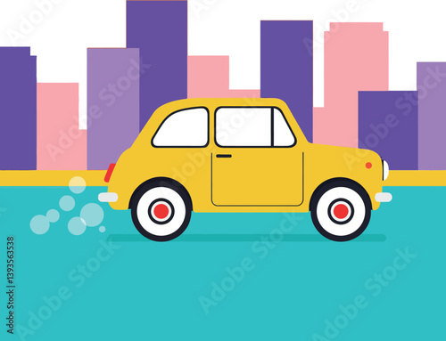 A bright yellow car driving through a colorful urban landscape in a flat vector illustration