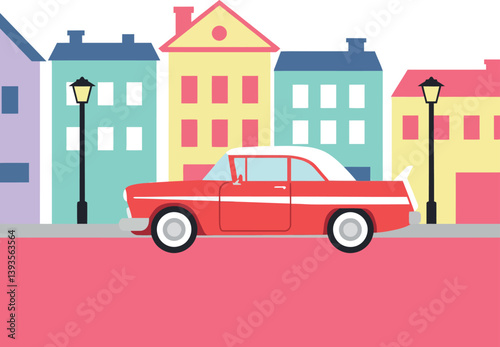 Red vintage car driving through a colorful city street in flat vector art