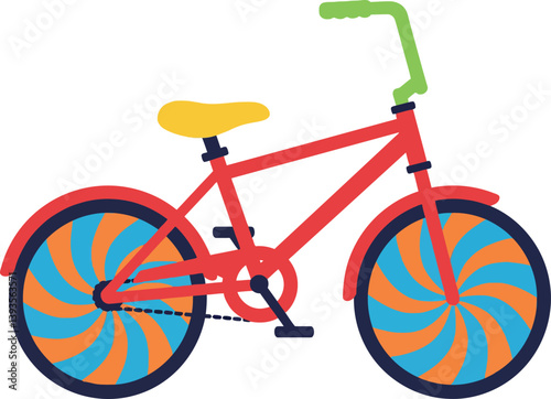 Bright red bicycle with colorful spiral wheels in a playful, flat vector illustration