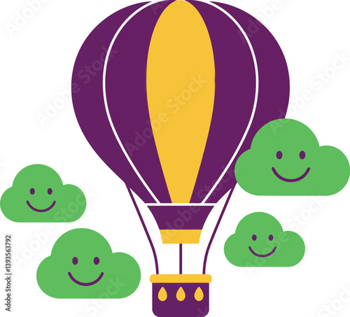 Colorful hot air balloon soaring among cheerful green clouds in flat vector art