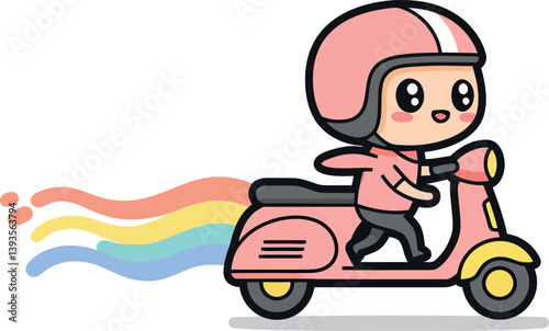 A cheerful girl riding a pink scooter with rainbow trails in a flat vector illustration
