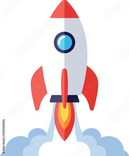 Colorful rocket launching into space with vibrant flames in flat vector art