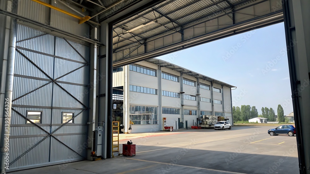 Obraz premium View from inside a hangar with a large metal door partially open looking at a building and cars