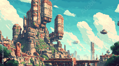 Exploring Pixel Art Sci-Fi Cityscape with Flying Vehicles Under Cloudy Sky