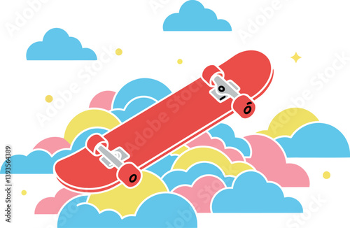 A vibrant red skateboard soaring through fluffy clouds in a playful flat vector illustration