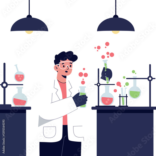 Scientist in a laboratory conducting experiments with colorful liquids in flat vector art