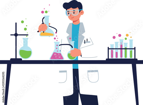 Scientist conducting experiments in a colorful lab with flat vector art style