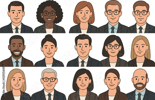 Diverse professional team portraits in business attire for corporate identity and workplace inclusion