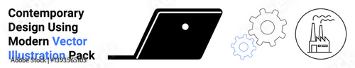 Laptop silhouette, gears, and factory outline reflect technology integration, industrial progress, and collaboration. Ideal for innovation, engineering, production, business digital solutions