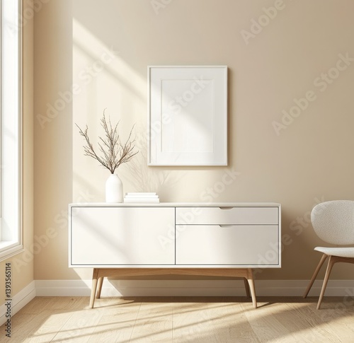 Minimalist, light-filled living room featuring a white sideboard, a framed print, and a modern chair