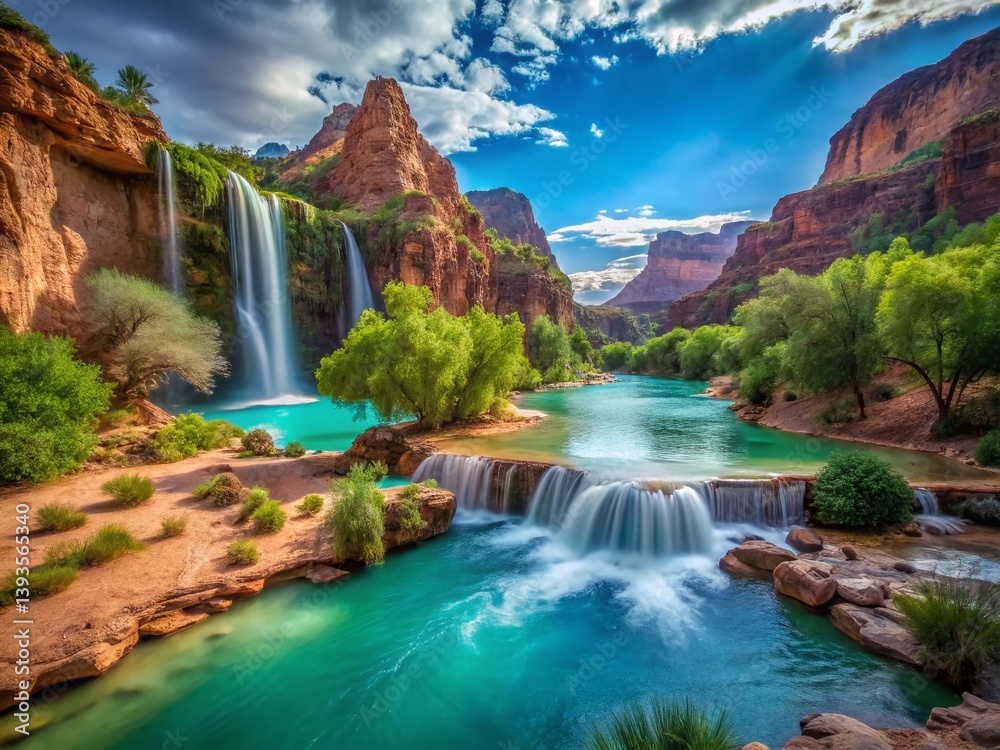 Breathtaking Panoramic View of Havasupai Falls Arizona Turquoise Waters Cascading Through Red Rock Canyon