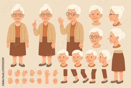 Elderly woman character design set for animation and illustrations