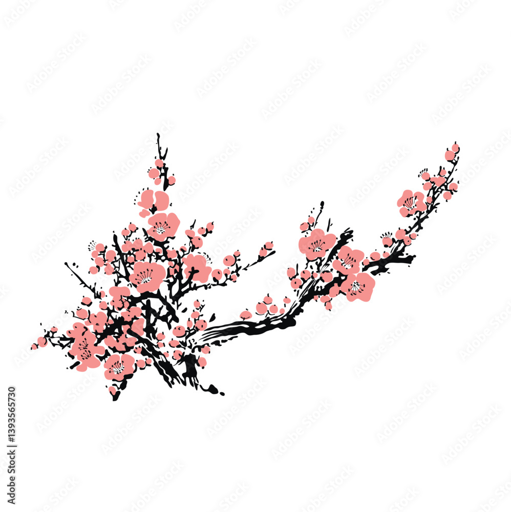 Fototapeta premium Realistic Sakura Blossom - Japanese Cherry Tree. Artistic Branch Plum Blossom. Vector