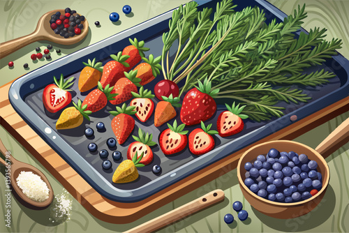 vector of Thyme, peppercorns, blueberries and strawberries on rustic baking sheet