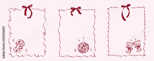 Hand drawn coquette frames. Vintage cute borders with ribbon and bow in simple crayon and sketch style. Trendy art for bachelorette party and wedding invitations. Doodle vector illustration