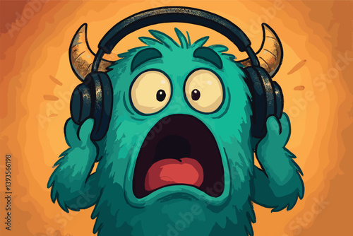 Surprised cartoon monster with headphones on vibrant background