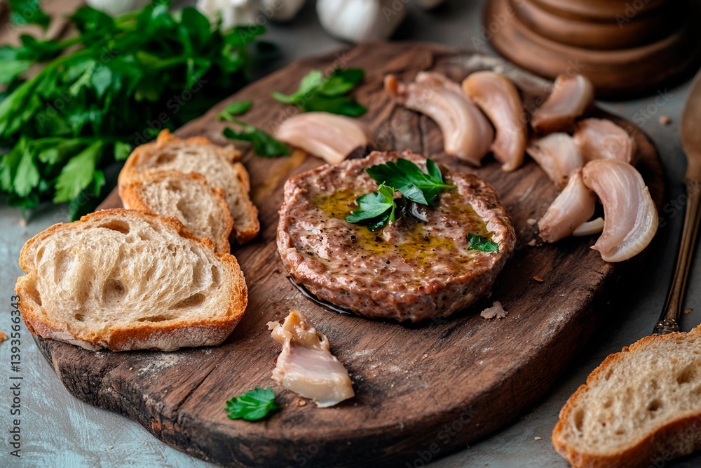A delicious meat preparation sits on a rustic wooden board accompanied by slices of bread and fresh garlic cloves. A green garnish adds color to the comforting kitchen atmosphere A delicious meat preparation sits on a rustic wooden board accompanied by slices of bread and fresh garlic cloves. A green garnish adds color to the comforting kitchen atmosphere