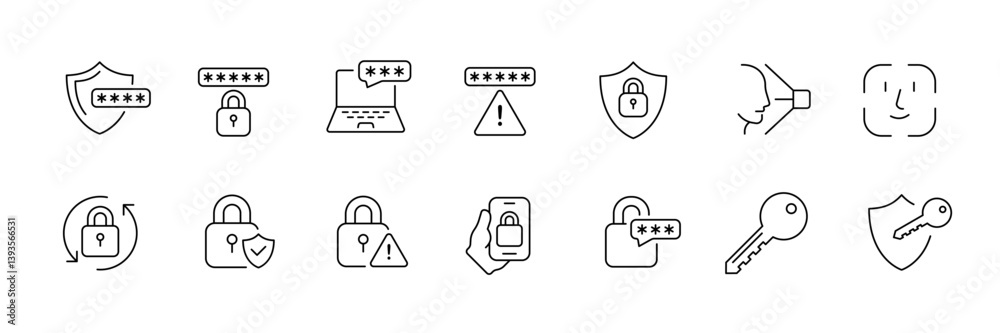 Linear security icons set: shield, lock, key, password, cybersecurity, authentication Linear security icons set: shield, lock, key, password, cybersecurity, authentication