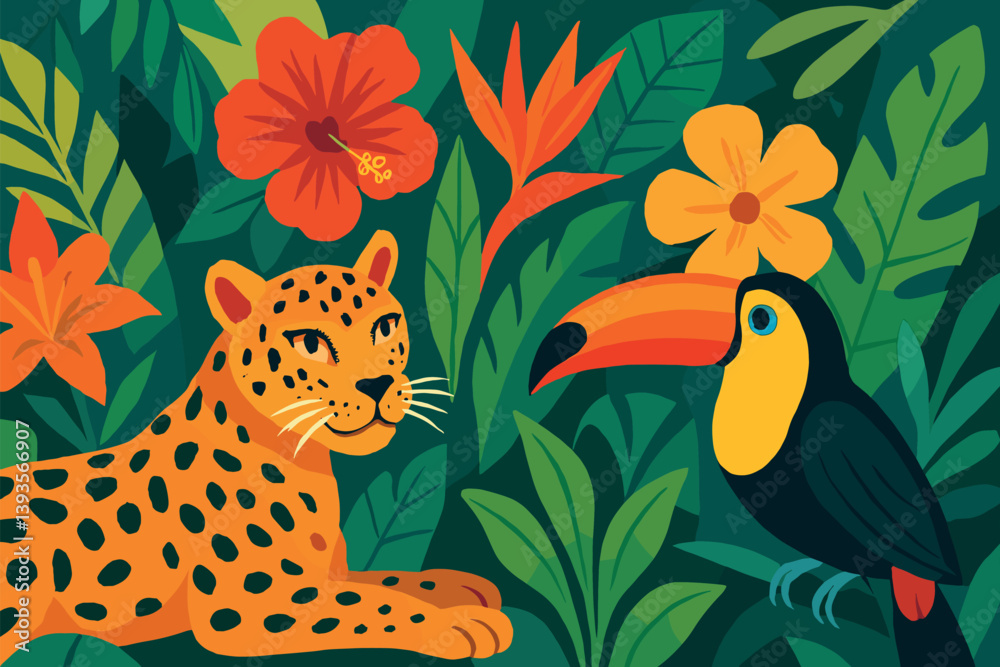 Obraz premium Tropical wildlife scene with leopard and toucan in lush jungle setting
