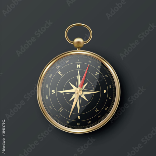 Realistic 3D Vector Compass with Gold Metallic Frame, Navigation Tool Illustration. Vintage Wind Rose Symbol on Dial, Compass Icon Close-up, Isolated
