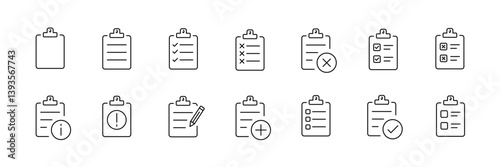 Comprehensive linear icons set: diverse clipboard checklist designs for task management