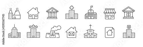 Essential building and facility icons set: linear style for urban planning and development