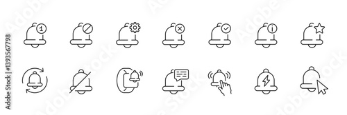 Notification bell icons set: comprehensive linear design for digital interfaces