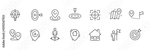 Linear navigation and location icons set for maps and gps applications