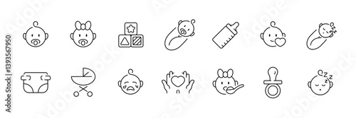 Newborn baby essentials: linear icon set for parenting and infant care design