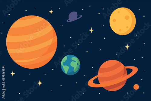 Colorful solar system planets and stars in space for educational design