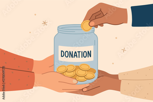 Charity and generosity concept with diverse hands contributing to donation jar for community support