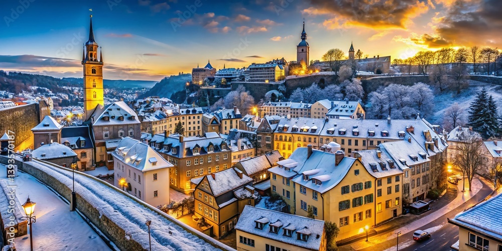 Obraz premium A Winters Embrace Panoramic View of Luxembourg Citys Historic Clock Tower Unveiling Architectural Marvels