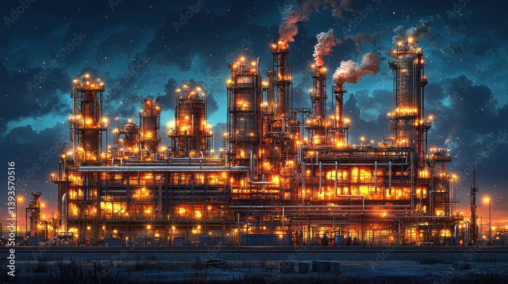 Fototapeta premium Nightfall at the Petrochemical Refinery: A Symphony of Industry and Light
