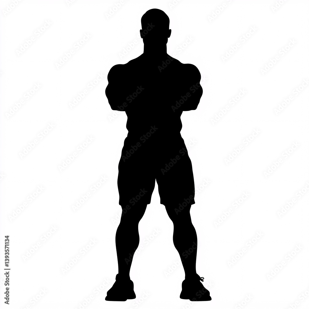 Fototapeta premium Black silhouette of a strong man with crossed arms on white background