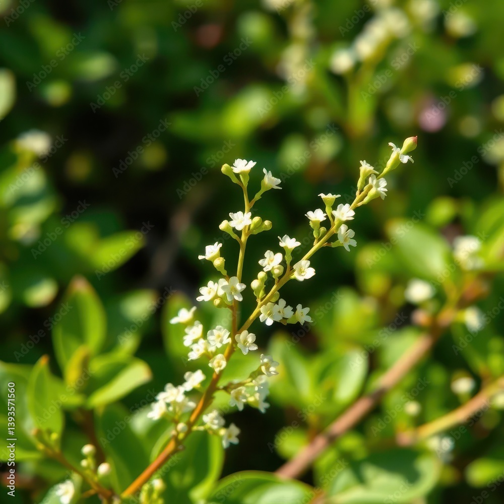 Delicate sprig of tiny white blossoms bursting forth from vibrant green foliage, small flowers, woodland, picture Delicate sprig of tiny white blossoms bursting forth from vibrant green foliage, small flowers, woodland, picture