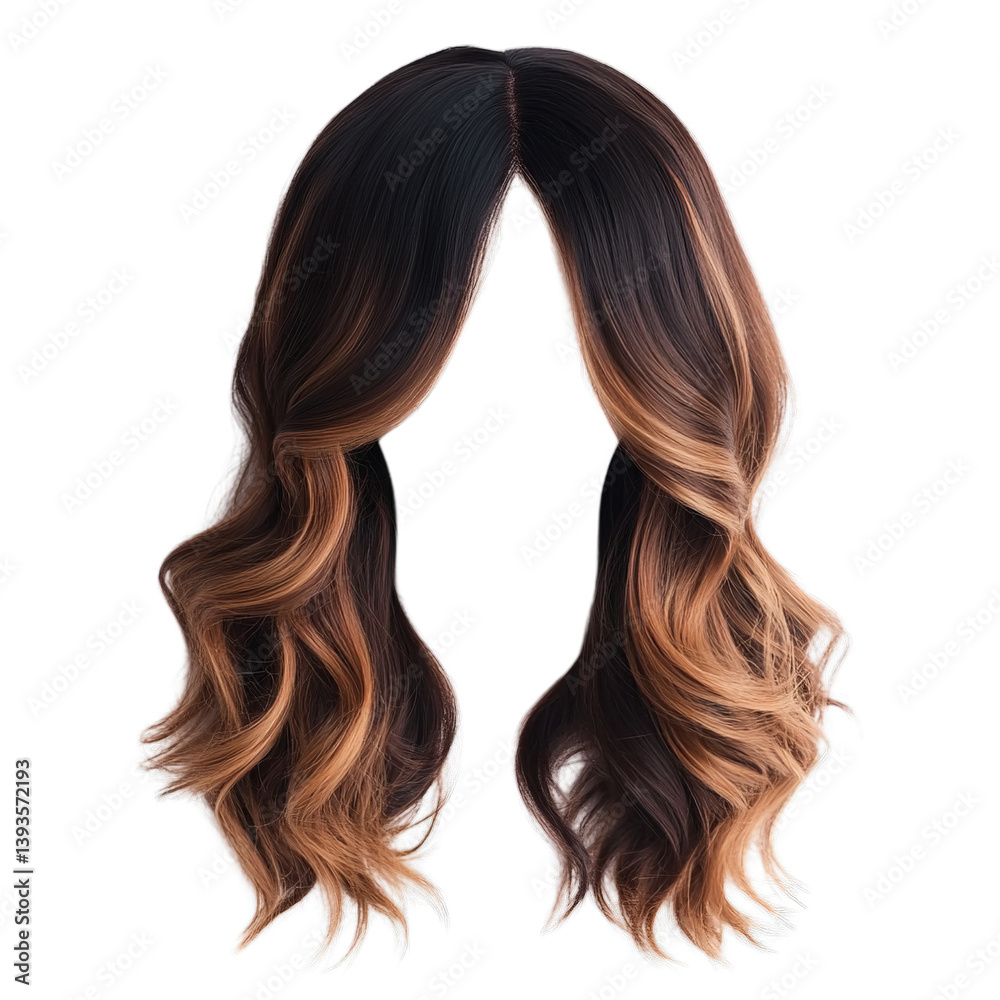Wavy ombre wig in brown to caramel tones. Isolated white background. Png format Wavy ombre wig in brown to caramel tones. Isolated white background. Png format